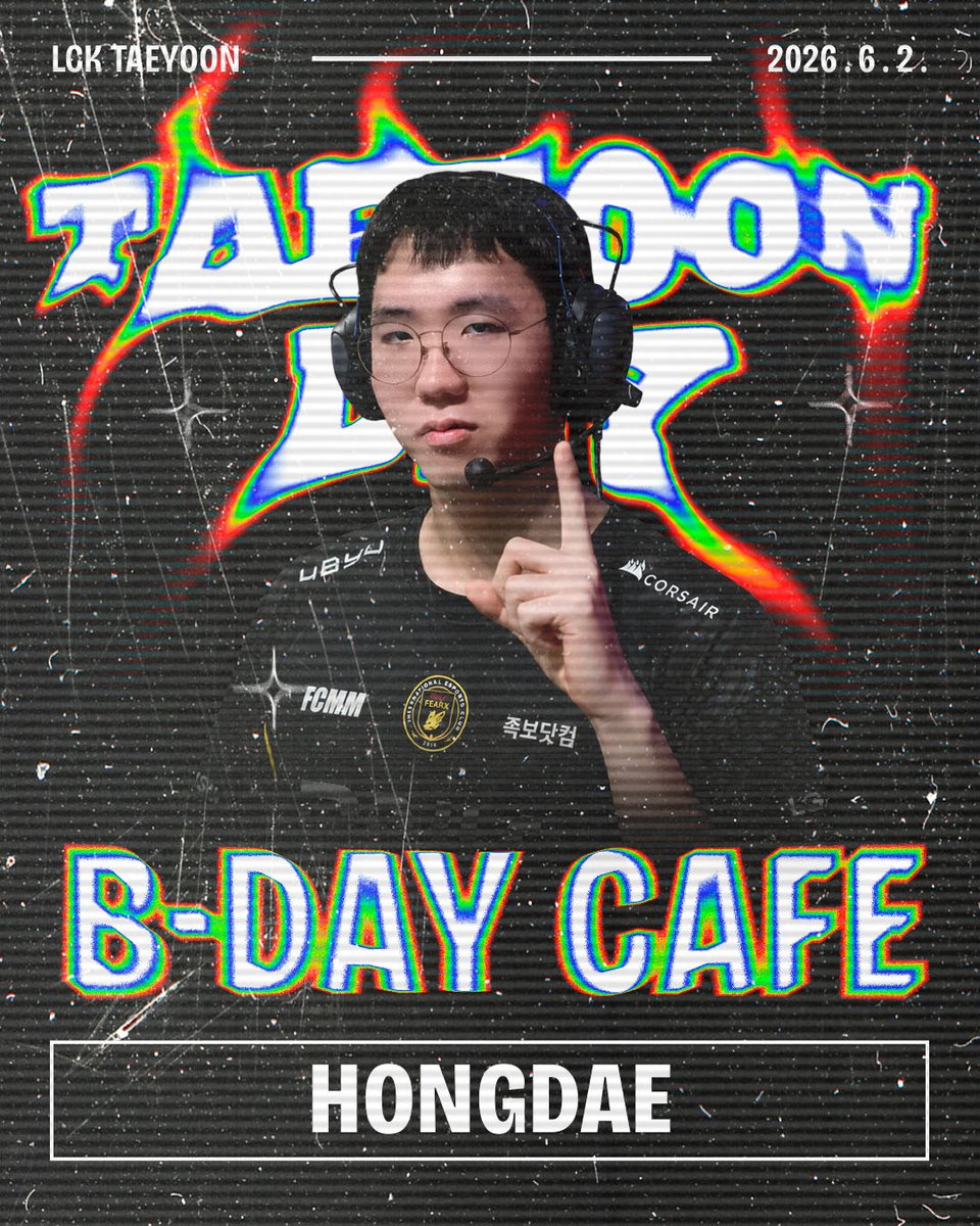 jerjang_esports's tweet photo. 2026 TAEYOON BIRTHDAY CAFE 🎁

LCK 프로게이머 Taeyoon 선수의 생일을 함께 축하하기 위한 생일카페를 개최합니다!

여러 어려운 상황들 속에서도 굳센 의지와 실력으로 큰 활약중인 태윤 선수에게 응원을 전하고 싶다면?

6월 2일 홍대에 방문하여 선물과 편지를 전해주세요!

생일 하루, 태윤 선수에게 가장 특별한 하루를 만들어주세요! 🥳

* 본 생일카페는 태윤 선수의 팬들이 개최하는 비영리성 팬 이벤트로, 선수의 공식 소속(구단 및 에이전시 등)과는 무관함을 알립니다.

📅 일시 2026. 6. 2

📍 장소 카페 이상현상 (서울 마포구 와우산로35길 9-7 B1F)

⏰ 운영시간 11:00 ~ 19:00

💬 문의
한국어: @jerjang_esports
中文: @VNeuer 

많은 관심과 방문 부탁드립니다!
태윤 선수의 생일을 함께 축하해주세요~! ☺️🎉

#Taeyoon #태윤 #TaeyoonBirthdayCafe #태윤생일카페 #BirthdayCafe #생일카페 #LCK