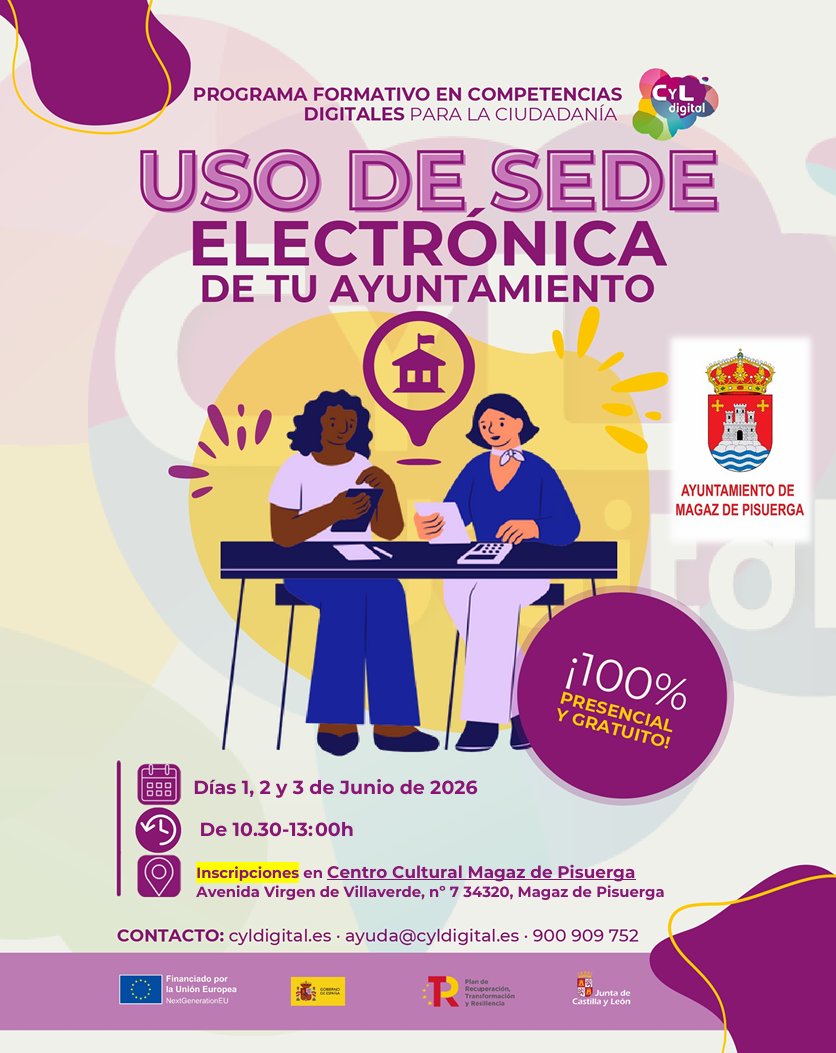 aytomagaz's tweet photo. 🚀 ¡Junio digital en #MagazDePisuerga! 💻📱

Aprende a usar tu móvil, gestión online o manejar la #IA.

🗓️ Desde el 25 mayo, formación presencial en 📍 el Centro Cultural. 💰 Gratis.
Inscríbete en el #CentroCultural . ¡Plazas limitadas! 🏃‍♂️💨
#CyLDigital #Magaz #MagazdePisuerga https://t.co/sZ44AQVIeL
