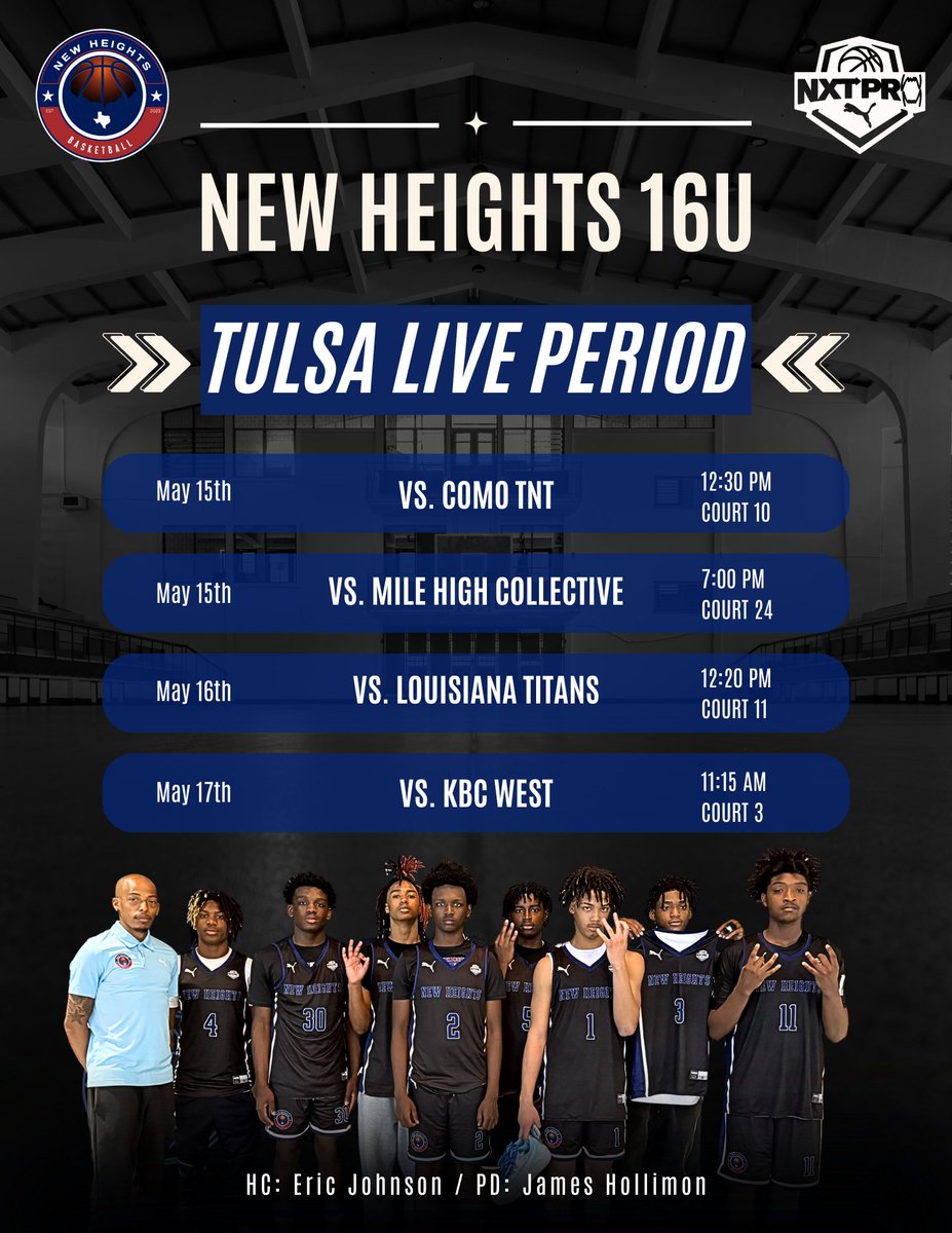 NewHeightsDFW's tweet photo. College coaches traveling to the Puma Live Period in Tulsa, Oklahoma this weekend, be sure to stop by and check out our guys. Thank you in advance!

#EffortOverExcuses
#LivePeriod https://t.co/ILUX2ibzj4