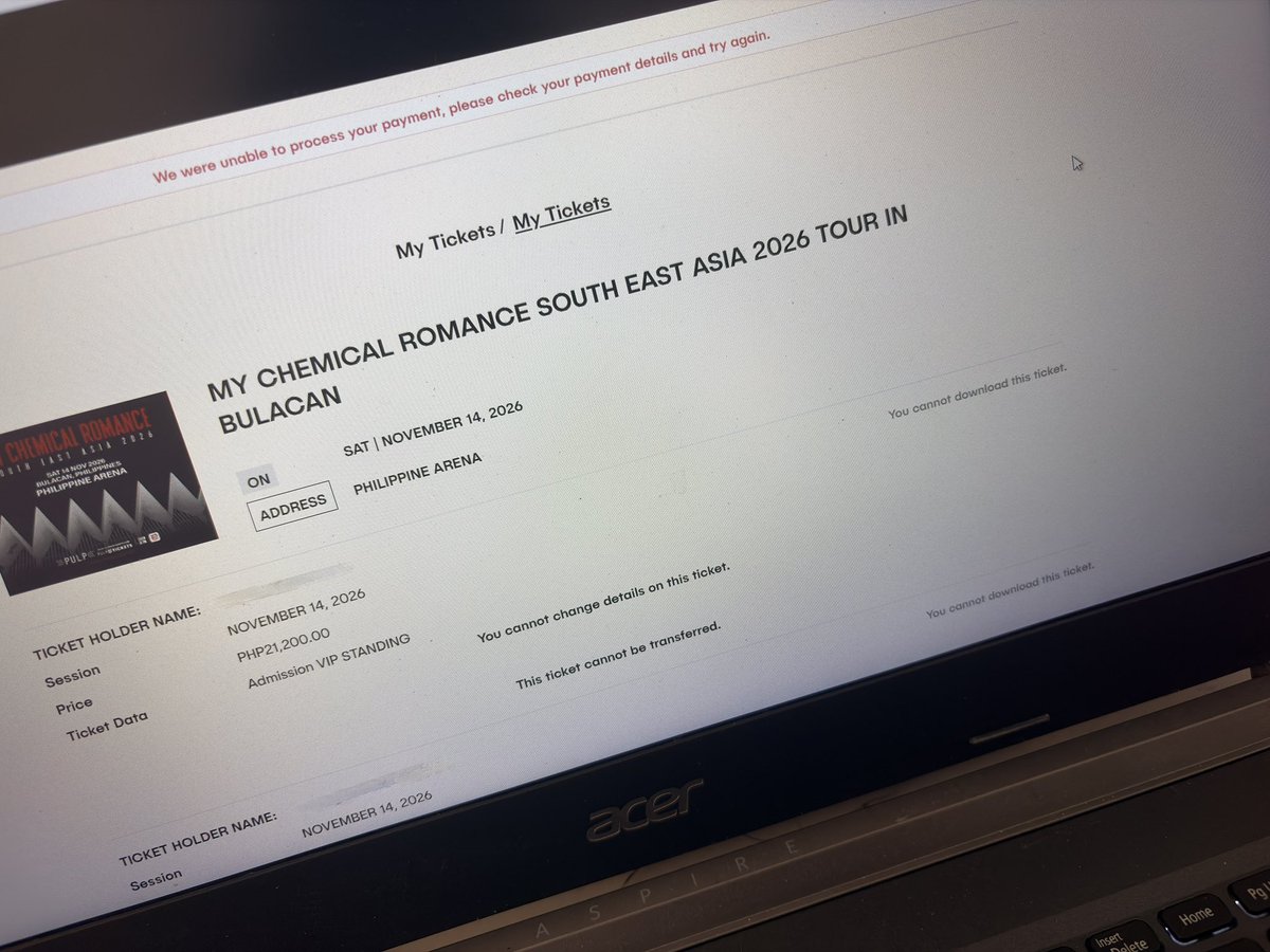 heelatiko's tweet photo. Payment failed the first try but used another card and went in naman po kagaad. However, I have that thing on the top po. I received a confirmation email na rin naman na but overthinking. All goods na po ba ‘to? @pulptickets @pulpliveworld 

#MyChemicalRomanceinPH2026 https://t.co/NwQiOXg5Cz