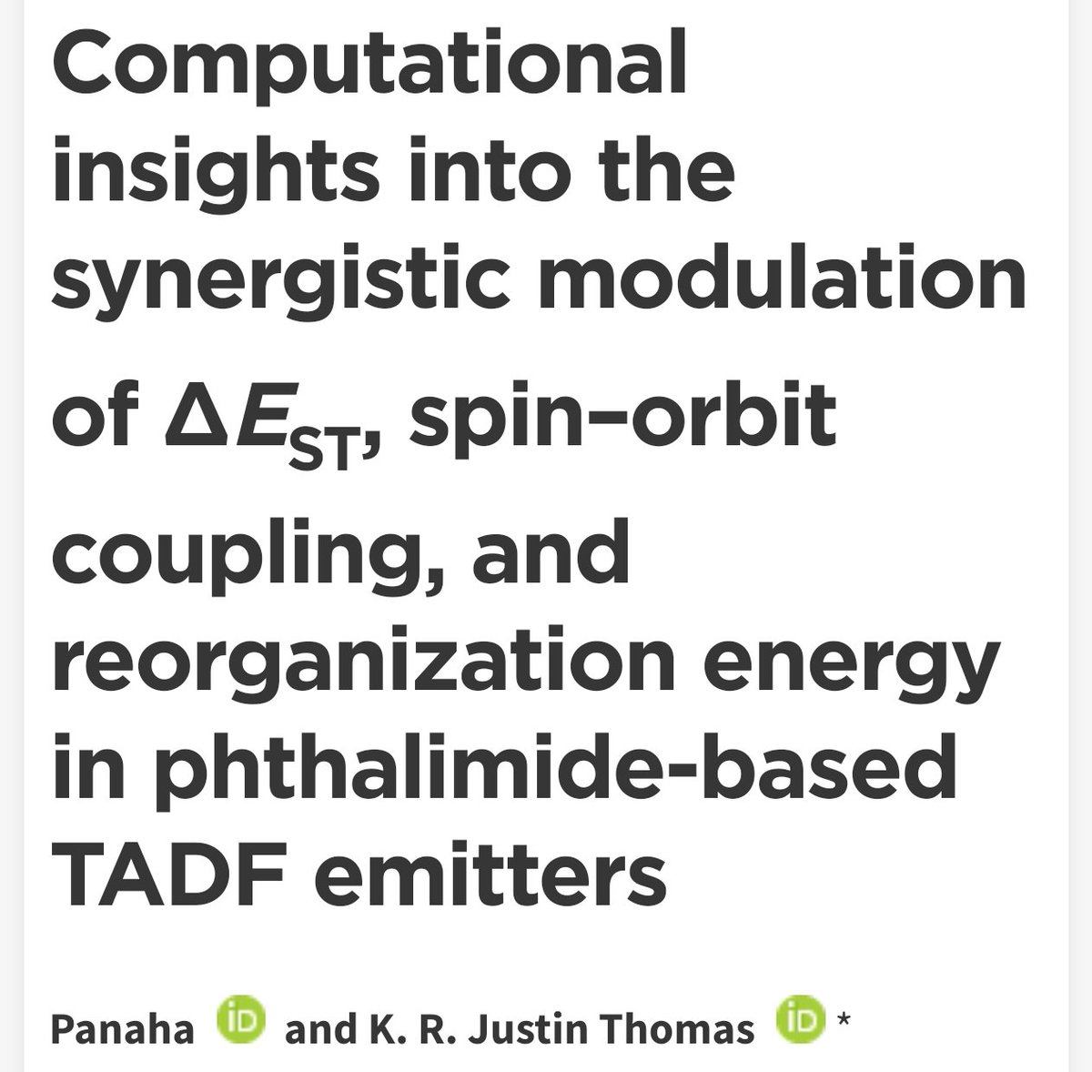 krjt_photon's tweet photo. Congratulations @Panahachhillar for the publication in JMCC on the design of TADF emitters. We revealed that in addition to ΔEST, and SOC, reorganization energy, λ during the excited-state relaxation process is important.
@oml_lab
@JMaterChem
@ANRFIndia
https://t.co/ZUEWp2u5RR https://t.co/tx5CBuBKF3