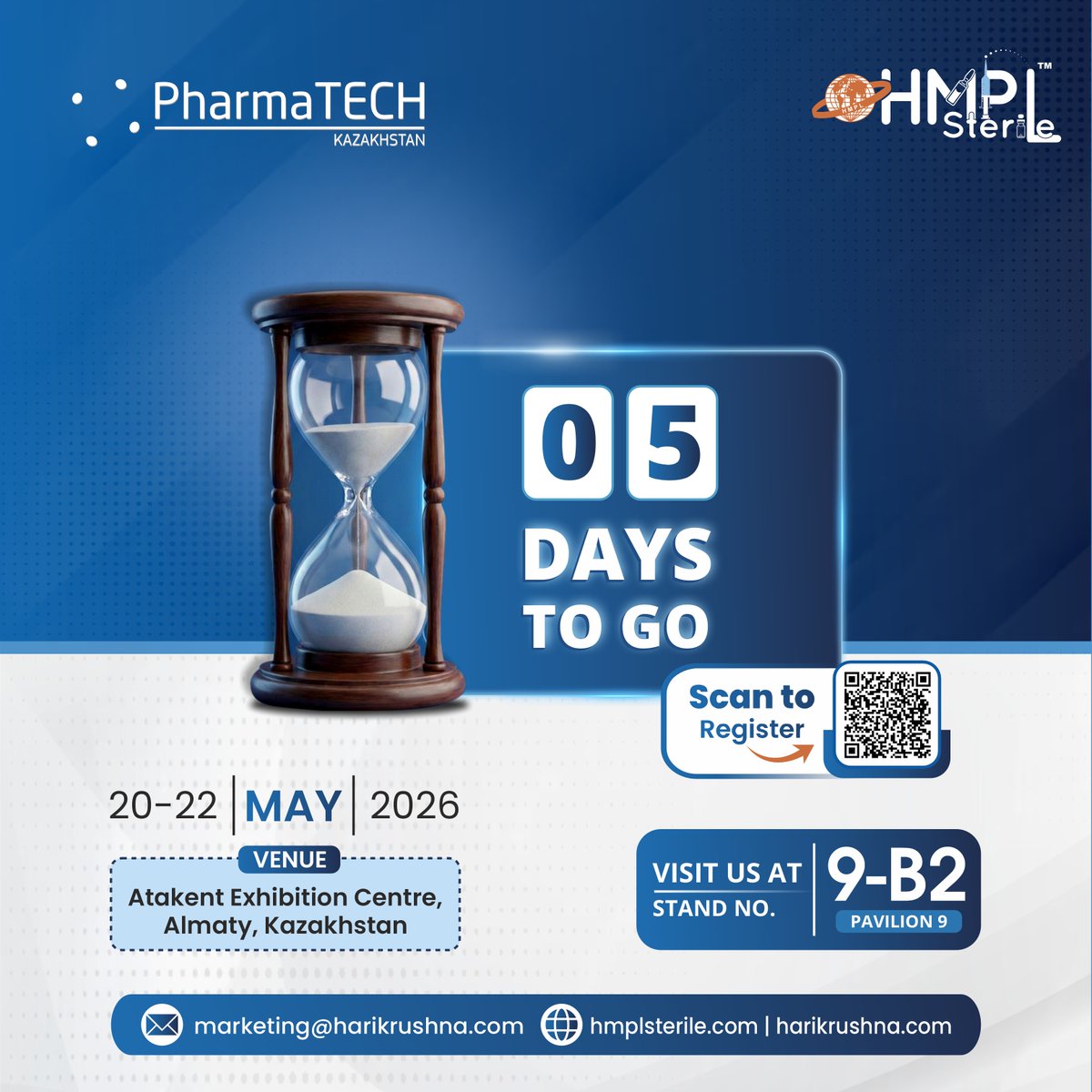 hmplgroup's tweet photo. Just 5 days to go for PharmaTECH Kazakhstan 2026 🚀

HMPL Sterile will be at Stand 9-B2, Pavilion 9, Atakent Exhibition Centre

📍Almaty, Kazakhstan
📅 20–22 May 2026

Pre-register: https://t.co/JiYxFPszR3
More details: https://t.co/BESCYb4x6l

#PharmaTECHKazakhstan #HMPLSterile https://t.co/yZcxSUerfX