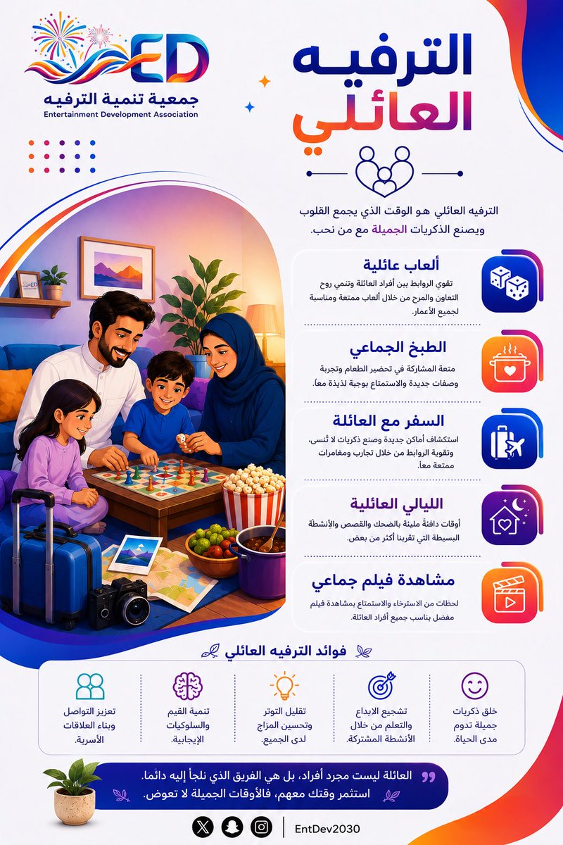 EntDev2030's tweet photo. ✨ العائلة هي أول مساحة نصنع فيها الفرح، وأجمل لحظات الترفيه هي التي نعيشها مع من نحب.

الترفيه العائلي لا يقتصر على المتعة فقط، بل يعزز التواصل، ويقوّي الروابط ، ويصنع ذكريات تبقى مدى الحياة ❤️

#الترفيه_العائلي
#جمعية_تنمية_الترفيه https://t.co/HzDMWU4mpi