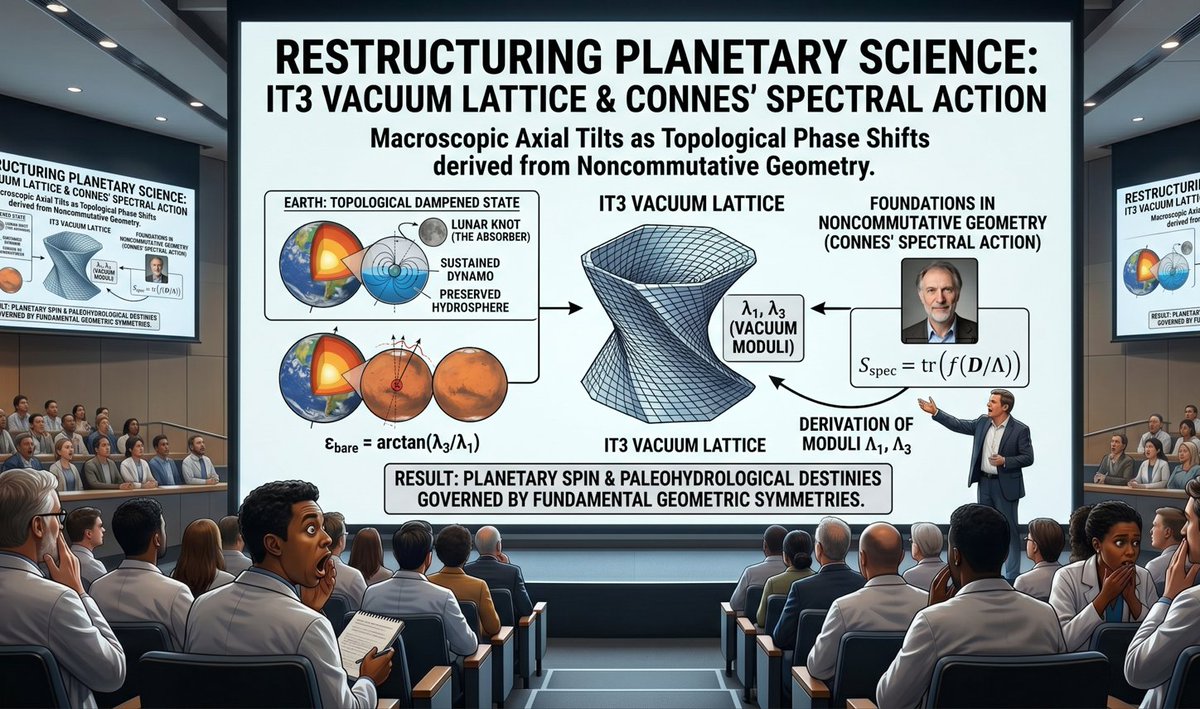 expert_ltc's tweet photo. From Connes' spectral action to macroscopic planetary spin. We derive a universal "bare" obliquity of 24.19°, rewriting solar system dynamics with testable predictions. 🪐📐🔭
https://t.co/3Cooojpfek
#Astrophysics #PlanetaryScience #Physics @NASA @NASAJPL @NASAMars https://t.co/HH4Up37c4l
