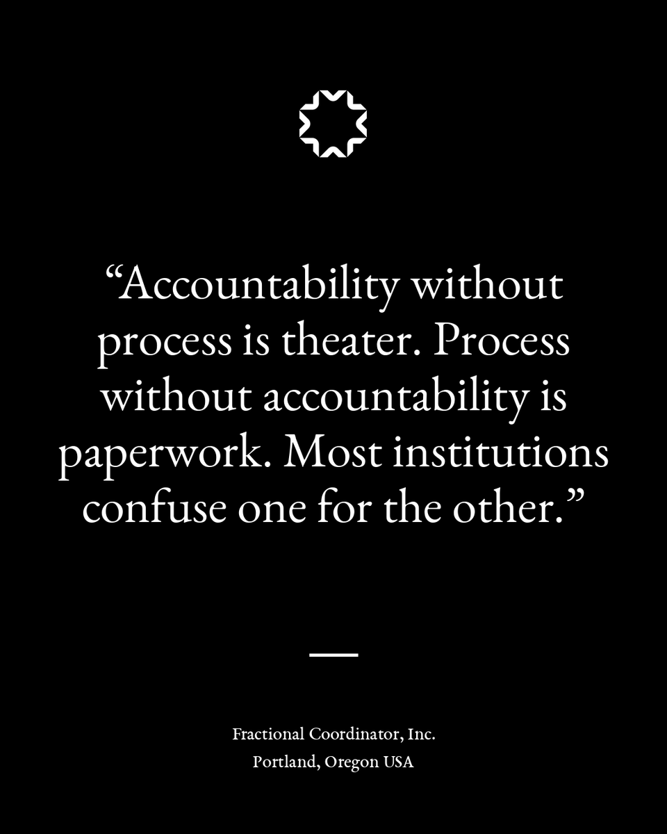 FractionalCoord's tweet photo. A public apology is not accountability.

A policy binder is not process.

One performs. The other documents. Institutions confuse the two and call it progress.

#Accountability #Governance #Leadership https://t.co/ErVo15gIyH