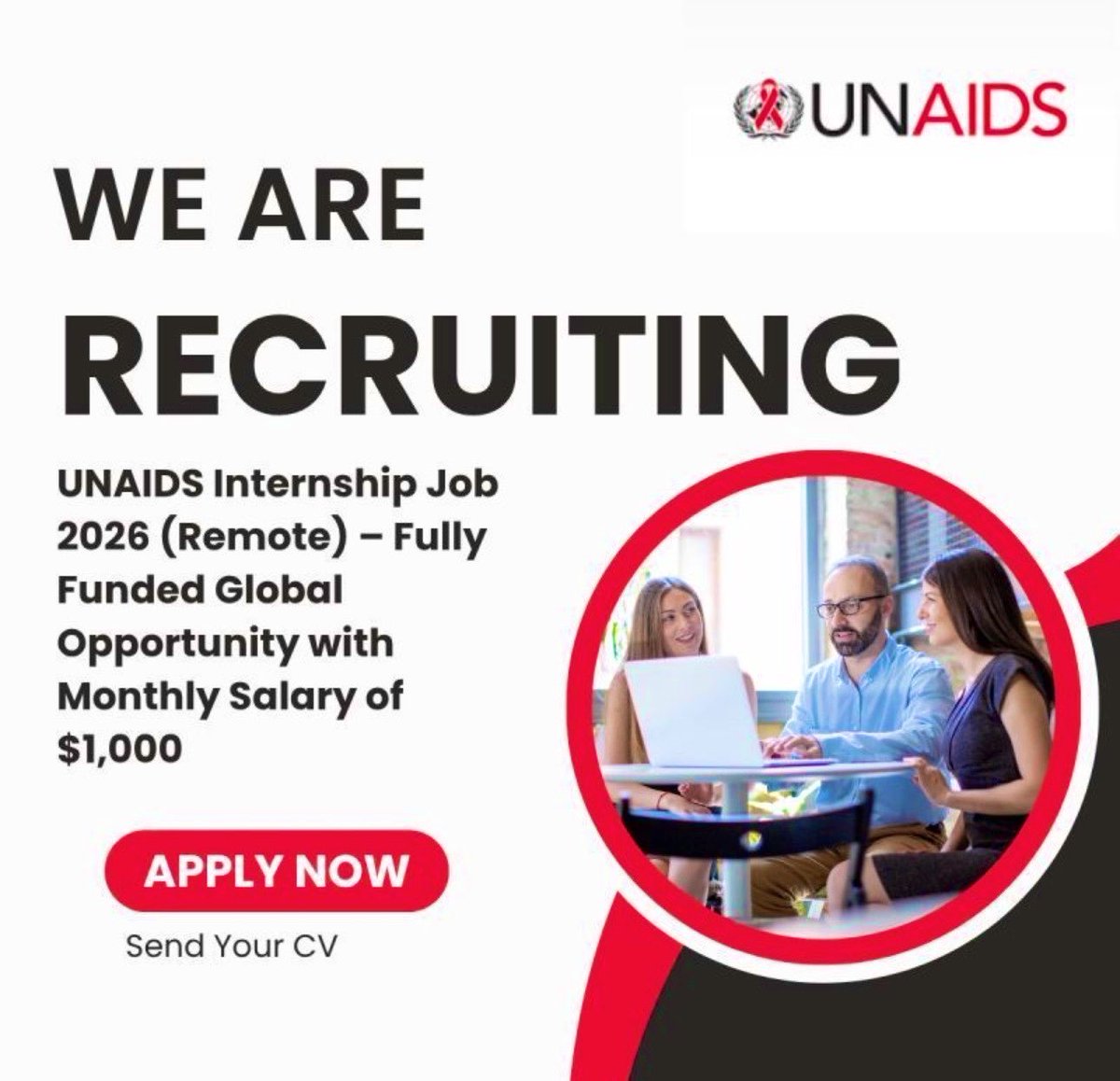 _I_am_He's tweet photo. UNAIDS Internship Programme 2026 (Remote &amp; Global Locations)

UNAIDS is now accepting applications for its global Internship Programme for students and recent graduates.

Deadline: June 30, 2026

Benefits:
Up to $1,000.00/month stipend

Apply Now 👇 

https://t.co/dBEspnj5dP https://t.co/jjyvvTHA6m