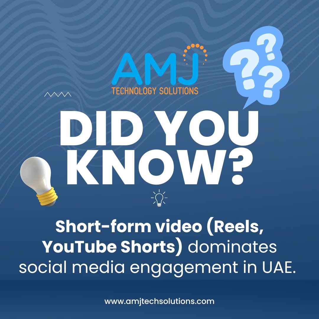 amjtechsolution's tweet photo. Did you know? 

Short-form video (Reels, YouTube Shorts) dominates social media engagement in UAE.  

#technology #techsolutions #security #AbuDhabi #Dubai #UAE https://t.co/04g4HukU7l