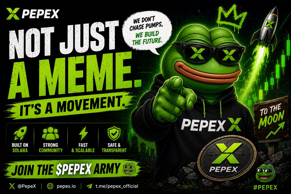PepeX_onSol's tweet photo. NOT JUST A MEME.  
IT’S A MOVEMENT. 🐸🔥

WE DON’T CHASE PUMPS.  
WE BUILD THE FUTURE. ⚡

Built by the community.  
Powered by Solana.  
Driven by the PEPEX Army. 🚀

#PEPEX #Solana #Crypto #MemeCoin #Web3 #PEPEXARMY #CryptoCommunity https://t.co/NcBFf8aiar