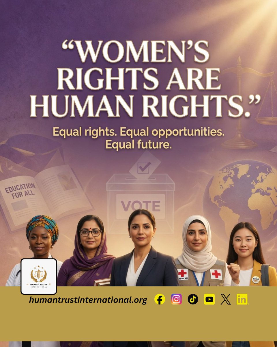 humantrustint's tweet photo. Women’s rights are not optional. They are fundamental human rights.

Every woman deserves equal opportunities, equal pay, equal protection, and equal respect — without discrimination or fear. 

#WomensRights #GenderEquality #HumanRights #EmpowerWomen #EqualityForAll https://t.co/7g6DoSNkAD
