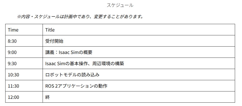 rosconjp's tweet photo. ワークショップ情報その②

「フィジカルAI×ROS 2入門～Isaac Simによるロボットシミュレーション～」

講師：鍬形 篤史様（ @rt_corp ）
定員：30名

Isaac Simを使用して、上半身人型ロボットの様々なROS 2アプリケーション動作を体験します。

https://t.co/aSYRbADvyD
#rosjp #rosconjp #ros https://t.co/0nLYmOWqBQ