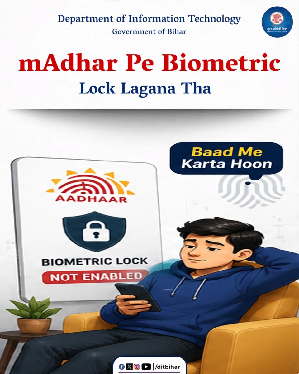 DitBihar's tweet photo. Baad mein nahi, abhi hi apne sabhi apps secure karo aur cyber thagon se bacho!
.
.
.
.
.
.
.
.
.
.
.
.
.
.
.
.
.
.
.
.
.
.
.
.
.
.
.
#CyberSecurity #Aadhaar #mAadhaar #BiometricLock #CyberAwareness #DigitalSafety #OnlineSafety #StaySafeOnline #BiharIT #ScamAlert #SecureYourData  #AadhaarSecurity #DigitalIndia

@BiharHomeDept @Cyberdost @_DigitalIndia @StaySafeOnline @IndianCERT