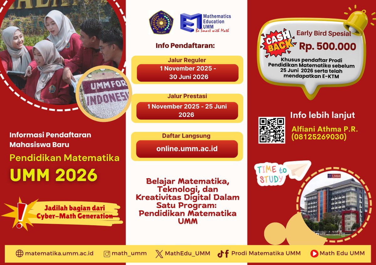 MathEdu_UMM's tweet photo. Ingin kuliah yang relevan dengan teknologi masa depan?
Di Pendidikan Matematika UMM, kamu tidak hanya belajar angka dan rumus.
Kamu akan belajar bagaimana matematika, teknologi, dan kreativitas digital berpadu dalam dunia nyata.
🎓 Tersedia berbagai BEASISWA MAHASISWA BARU 2026 https://t.co/Nk82bMPnUS