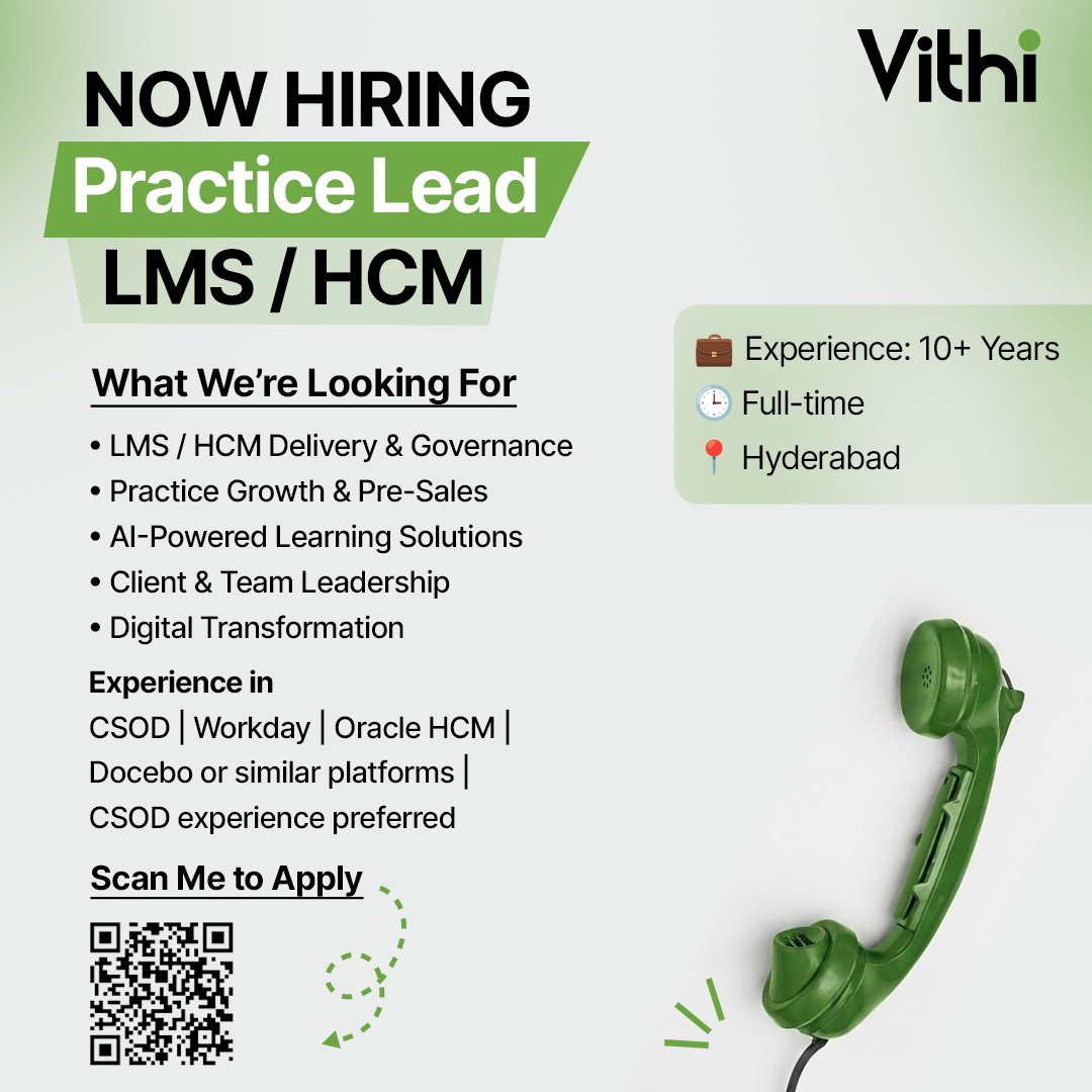 vithiit's tweet photo. 🚀 We’re Hiring: Practice Lead – LMS / HCM
📍 Hyderabad | 10+ Years Experience

Apply Now: https://t.co/9afMMxcdi5

#Hiring #LMS #HCM #CSOD #Workday #OracleHCM #Docebo #AI #DigitalTransformation #HyderabadJobs #TechJobs #HRTech #NowHiring #VithiIT https://t.co/UZB3Pr7aOg