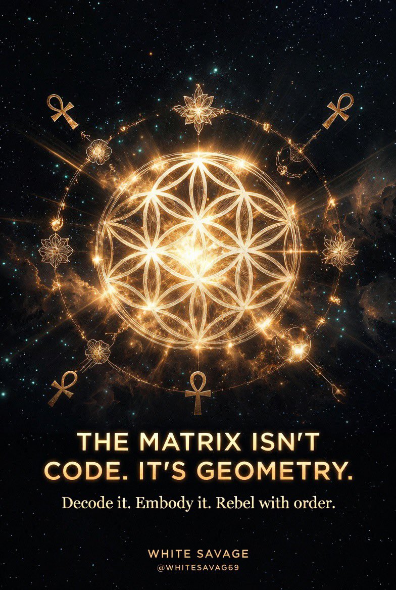 WHITESAVAG69's tweet photo. THE MATRIX ISN’T CODE.
It’s geometry.
Decode it.
Embody it.
Rebel with order.
#SacredGeometry #AncientSignals #KnowledgeAsMedicine #WisdomAsWeapon #OrderAsRebellion #FlowerOfLife #CosmicCode #WhiteSavage https://t.co/rseFJfvYDR