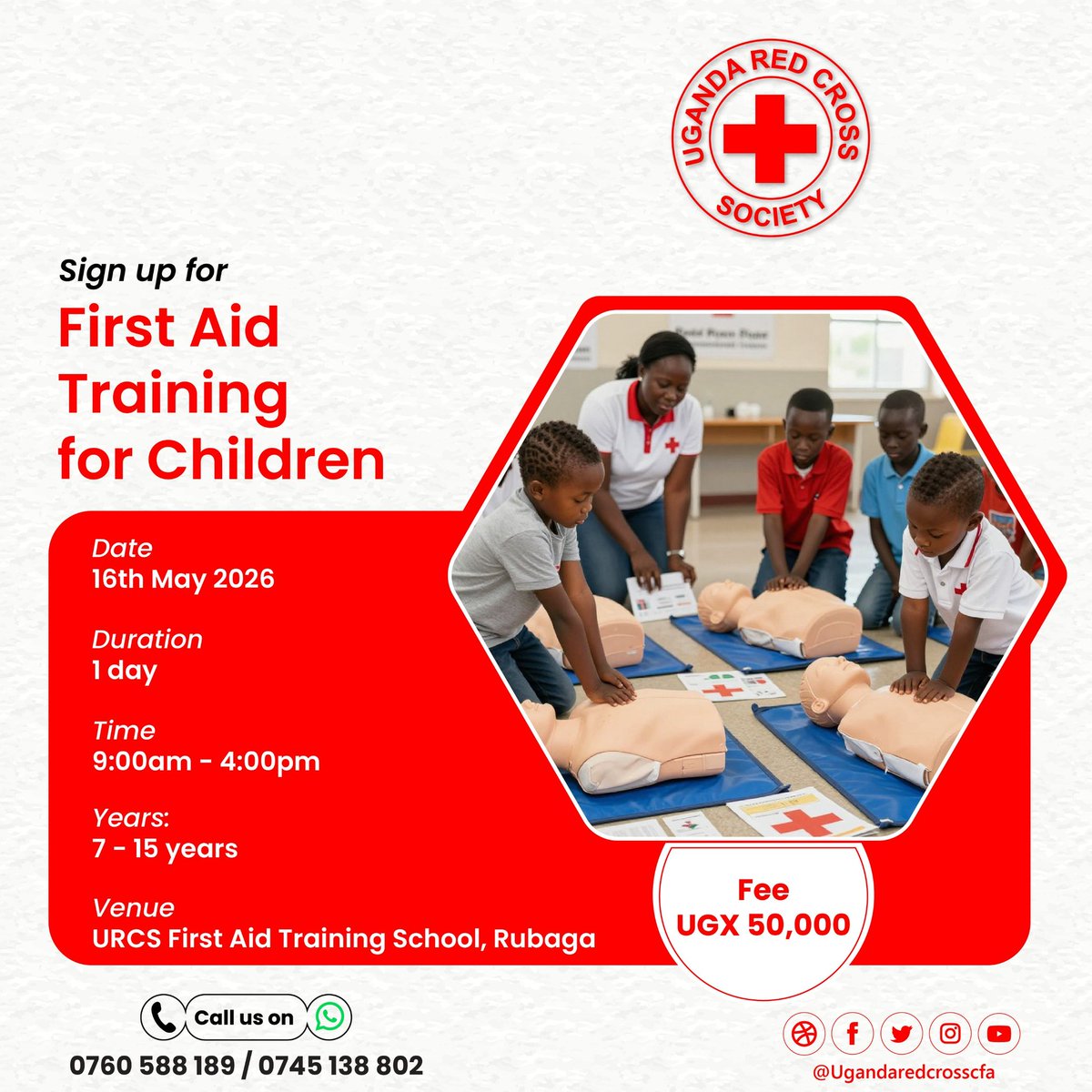 UgandaRedCross's tweet photo. Don’t forget to send your holiday makers to us tomorrow at the Uganda Red Cross First Aid School, Rubaga!

At only UGX 50,000/=, your children will get exposure to practical first aid skills and emergency response training.

✅ Certificate awarded at the end of the training
👧🧒 Ages: 7–15 years

📍 Uganda Red Cross First Aid School – Rubaga
📅 16th May 2026

Trust us with your children this holiday as they learn life-saving skills in a safe, engaging, and fun environment!
#FirstAidSavesLives