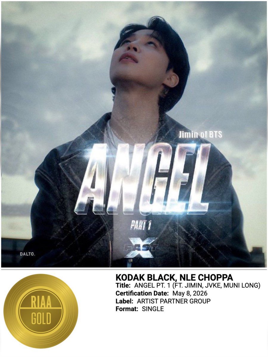 JiminEffectUSA's tweet photo. 📀 “Angel Pt. 1" (ft. Jimin, JVKE, Muni Long) has been certified RIAA Gold for selling over 500,000 units in the US! 🇺🇲 

Congratulations to Jimin and the other artists on the Fast &amp; Furious hit! 🎉

#JIMIN #지민 #ジミン https://t.co/a5zv27ehAY