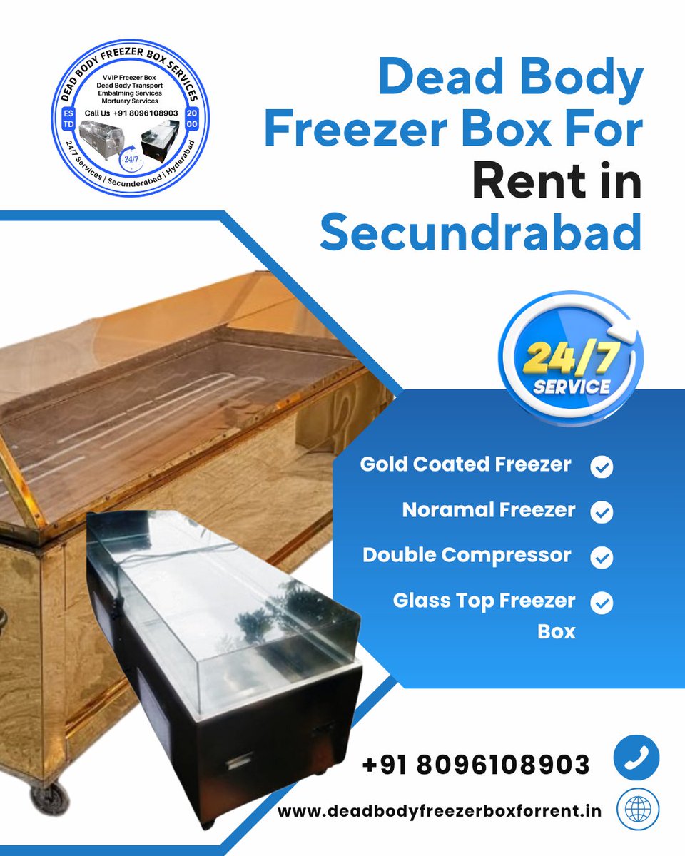 FreezerBody's tweet photo. Dead body freezer box rent in secundrabad
24/7 services
✅Gold coated freezer
✅Normal freezer
✅Double Compressor
✅Glass top freezer box
Call us +91 8096108903
#FreezerBoxcharminar #FreezerBoxAbids #DeadBodyTransportNampally #FreezerBoxMehdipatnam https://t.co/wCo5Gf9tyi