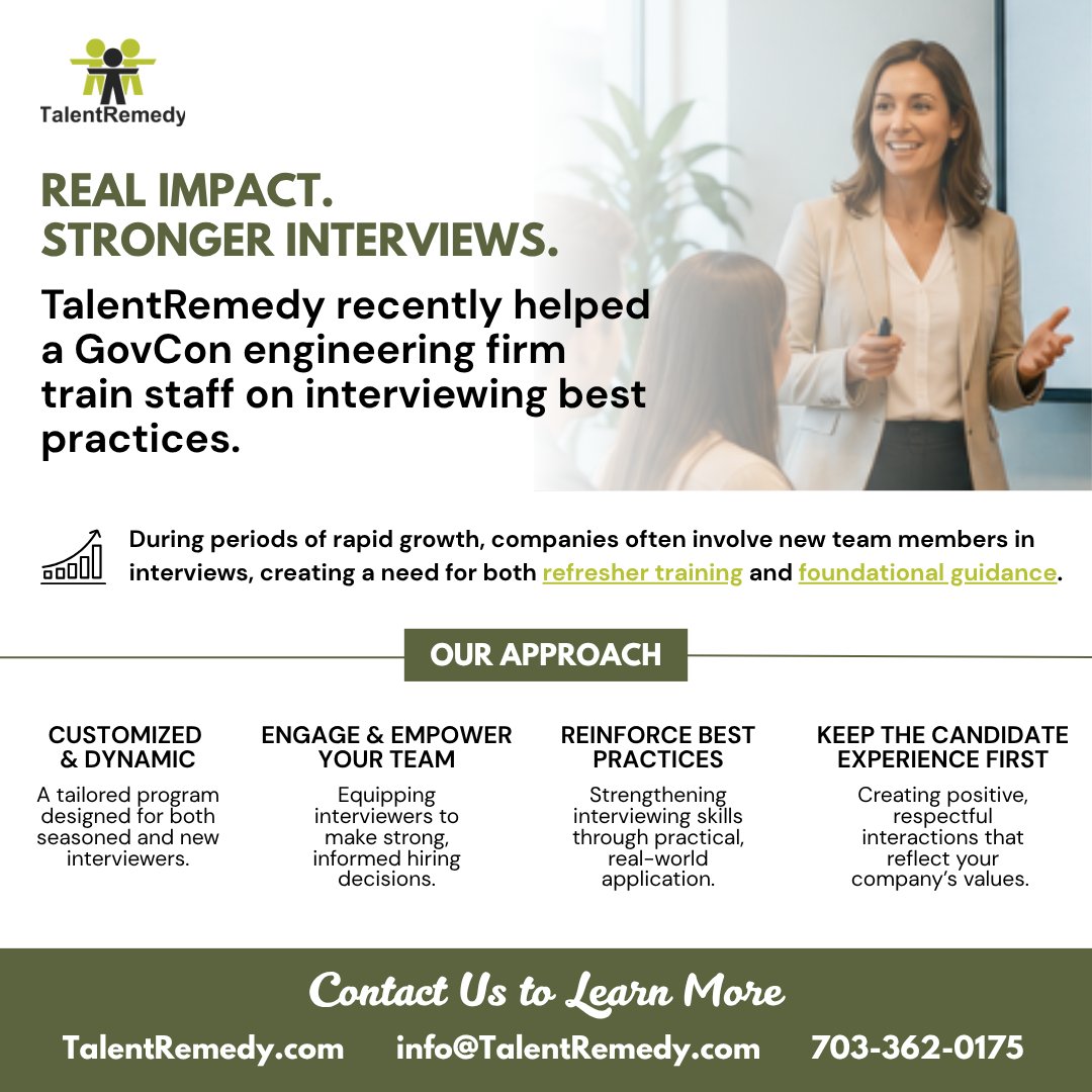 TalentRemedy's tweet photo. TalentRemedy recently partnered with a GovCon engineering firm to deliver customized interviewer training designed to support rapid organizational growth while protecting the candidate experience.

#TalentRemedy #OutsourcedRecruiting #InterviewTraining https://t.co/gOQFFqwlRD