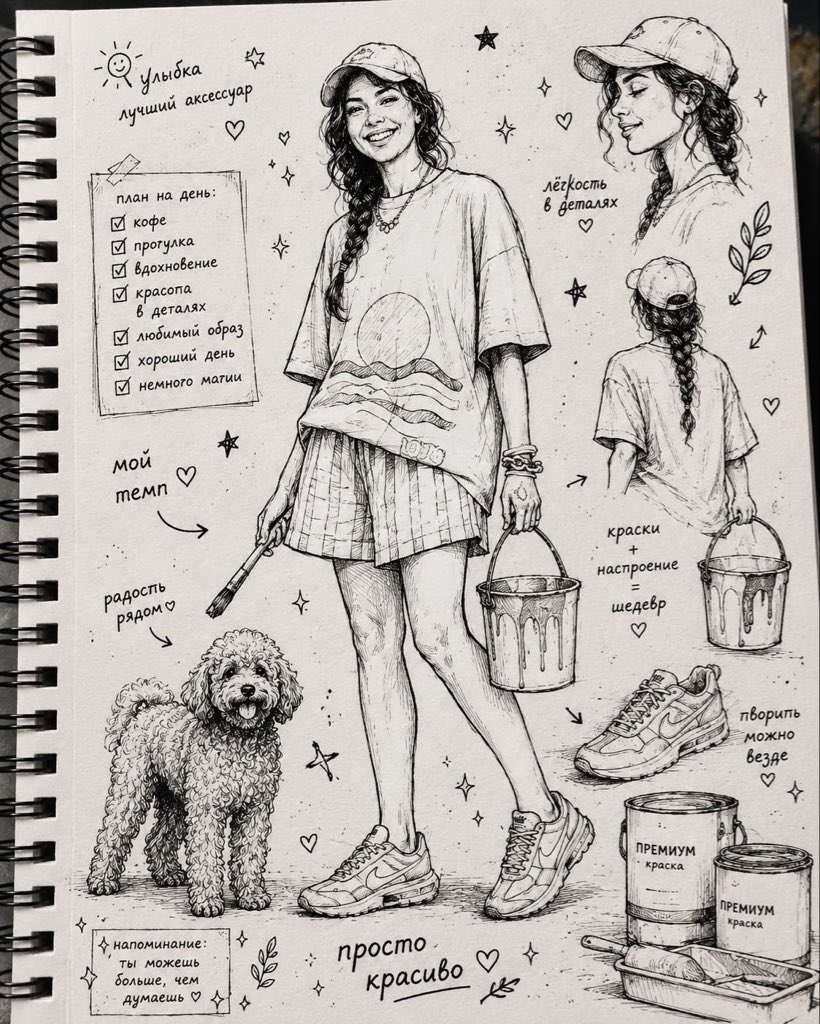 ChillaiKalan__'s tweet photo. GPT IMAGE 2

Prompt:

Transform any provided reference photo into a vertical 4:5 stylized ink-drawn sketchbook illustration.

Use the person, outfit, pose, accessories, pet, objects, mood, and overall character from the reference photo as the main subject. Do not copy fixed clothing or fixed phrases from previous examples. Adapt all visual details to the new reference image.

Create a high-detail black ink and fineliner illustration on a white sketchbook page. The drawing should fill almost the entire frame, with no fabric element, no colored cloth, and no extra textile foreground.

Composition:
- one main full-body or main portrait illustration based on the reference photo;
- 1-3 additional smaller sketch studies inspired by the same subject, such as side view, back view, close-up portrait, accessory detail, pet/object detail, or gesture pose;
- small hand-drawn decorative elements around the subject: hearts, stars, sparkles, arrows, leaves, dots, mood symbols, tiny doodles;
- balanced but dense sketchbook layout, editorial zine feeling.

All handwritten text must be in Russian only.
The text should be random, natural, and relevant to the mood, outfit, season, activity, personality, or atmosphere of the reference photo.
Do not repeat the same phrases every time.
Art style:
expressive handmade sketchbook aesthetic, nostalgic indie zine warmth, high-detail manga-influenced editorial line art, rich black India ink, fineliner, marker and brush-pen hatching, cross-hatching, varied pen nib strokes, subtle ink bleed, visible sketch construction lines.

Render textures from the reference carefully: fabric folds, hair, accessories, shoes, bags, jewelry, pets, objects, skin shadows, material surfaces, and distinctive silhouette.

Camera and format:
vertical 4:5 format, close-up overhead flatlay photo of a white sketchbook page, slightly tilted top-down angle around 20 degrees, centered composition, drawing filling the screen, visible paper grain and sketchbook edge.

Lighting:
soft natural diffused morning daylight from a window, even cool-key illumination, subtle diagonal page shadow, gentle softbox fill, neutral whites, deep blacks.

Image quality:
high-resolution print-quality output, 300 DPI, ultra-crisp ink detail, slight warm tone adjustment, contrast +15, clarity +10, subtle vignette, selective sharpening on ink strokes, minimal noise reduction to preserve paper texture.

Final look:
contemporary sketchbook photography meets editorial zine illustration, clean, polished, high-fidelity, suitable for print and portfolio presentation.
