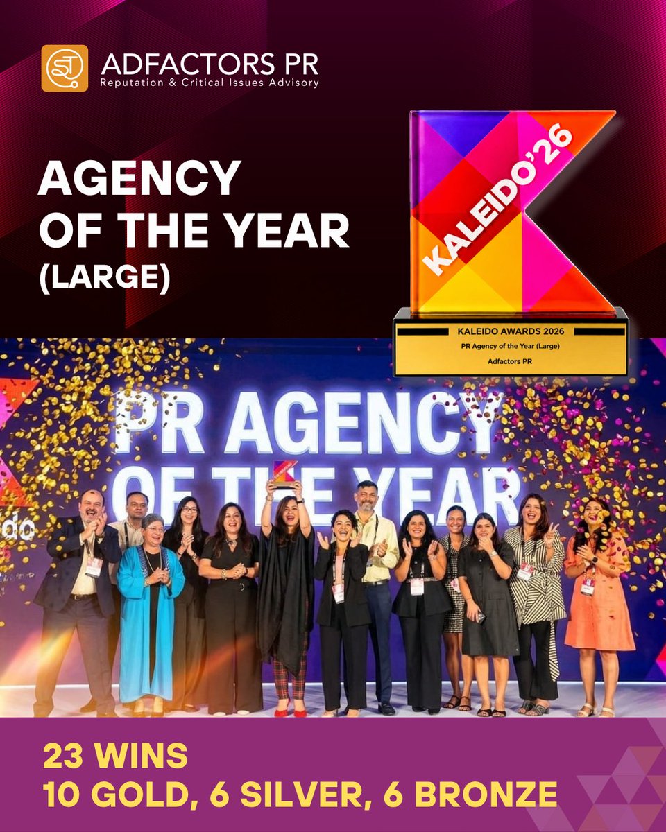 AdfactorsPR's tweet photo. We are humbled by the recognition of 10 Gold, 6 Silver, and 6 Bronze across campaign categories, along with Agency of the Year (large). It is a reflection of the craft, consistency, and commitment our people bring to every brief.

#ETKaleido #AgencyOfTheYear #AdfactorsPR https://t.co/ZcaeC9wP2h