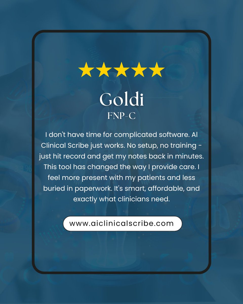 AICScribe's tweet photo. Healthcare providers deserve technology that makes work easier.
AI Clinical Scribe reduces paperwork, speeds up charting, and keeps the focus on patient care.
Smarter documentation. Less burnout.
#AIScribe #ClinicalNotes #MedicalPractice #AIInHealthcare #MedicalAI #Medtwt #AI https://t.co/j6UHS4CIGU