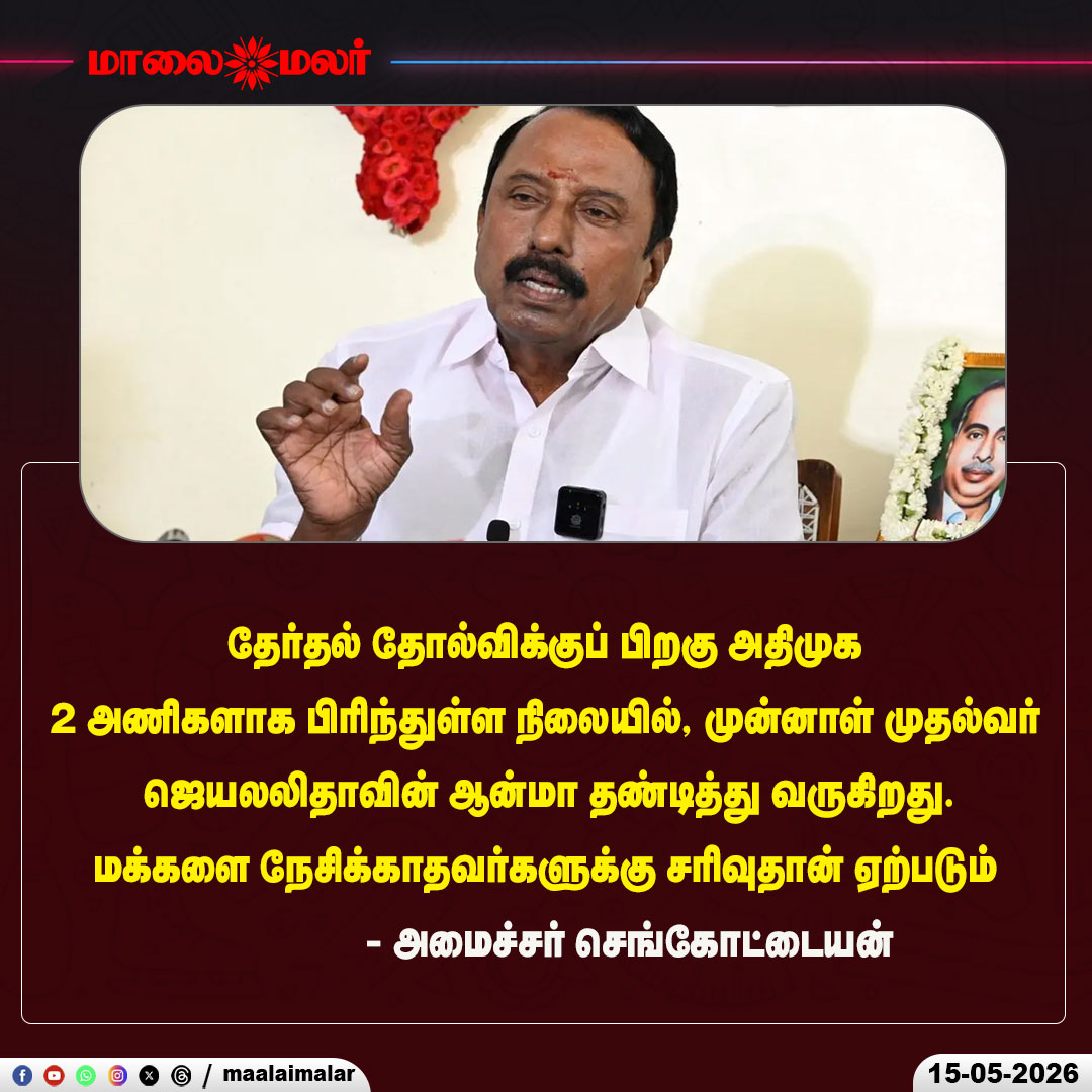 maalaimalar's tweet photo. " மக்களை நேசிக்காதவர்களுக்கு சரிவுதான் ஏற்படும்" - அமைச்சர் செங்கோட்டையன்
#AIADMK #Jayalalithaa #TamilNaduPolitics #PoliticalNews #PoliticalStatement #ElectionAftermath #TNPolitics #BreakingNews #MinisterSpeech #PoliticalUpdate #TamilNews #IndiaPolitics #TrendingNow #NewsUpdate #Maalaimalar