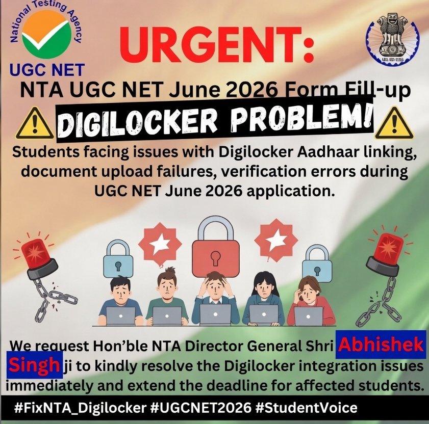 thekrDeepak's tweet photo. @NTA_Exams @abhish18 sir, Students are unable to apply the #UGCNET June 26 online form because they can't register using DigiLocker and your website is very slow. Please simplify this process and stop the wastage of precious time. Please extend the last date for filling the form. https://t.co/3jeEyZE9Jh