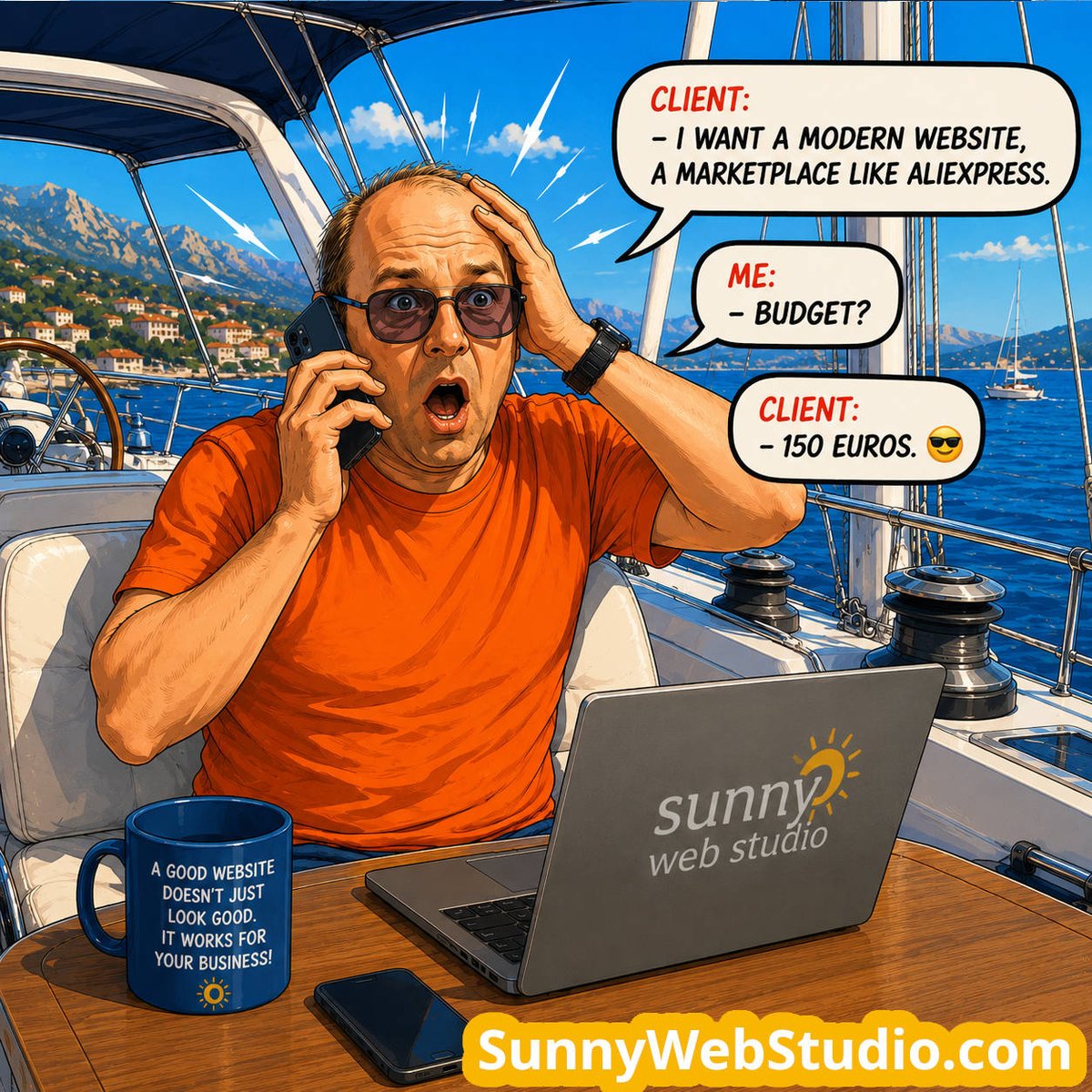 ASoukhoverkhov's tweet photo. Client:
— I want a modern website, a marketplace like AliExpress.
Me:
— Budget?

Client:
— 150 euros. 😎 https://t.co/kPivJzJviq