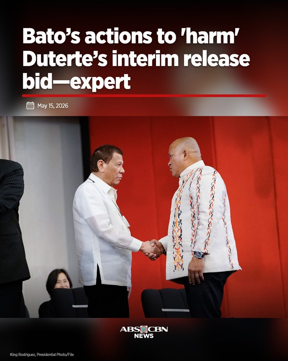 ABSCBNNews's tweet photo. Posibleng may masamang epekto ang mga naging aksyon ni Sen. Ronald "Bato" Dela Rosa nitong linggo sa interim release request ni Rodrigo Duterte, paniniwala ng isang international law expert.

Basahin: https://t.co/VS1AcLirDl https://t.co/E9SfpNz4xN