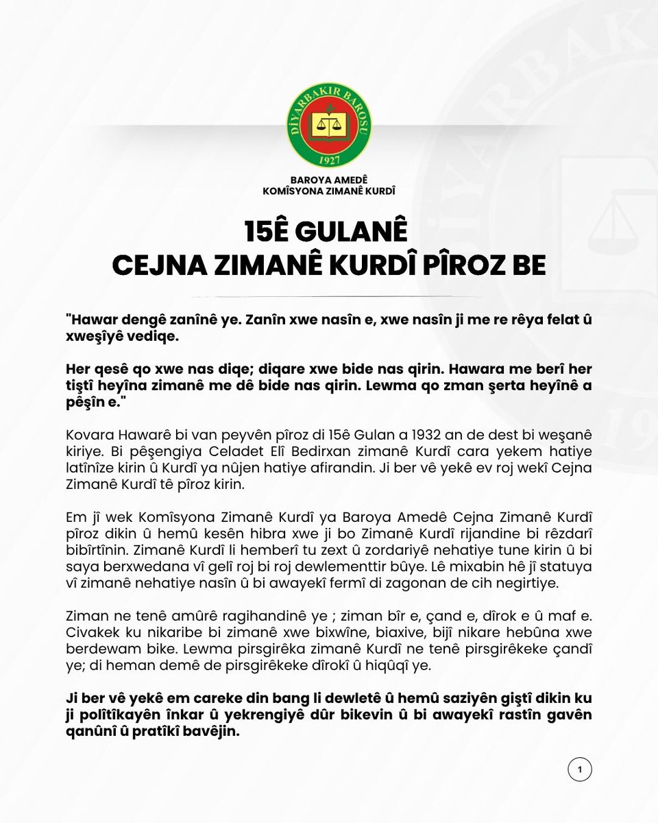 Komîsyona Zimanê Kurdî ya Baroya Amedê tweet media