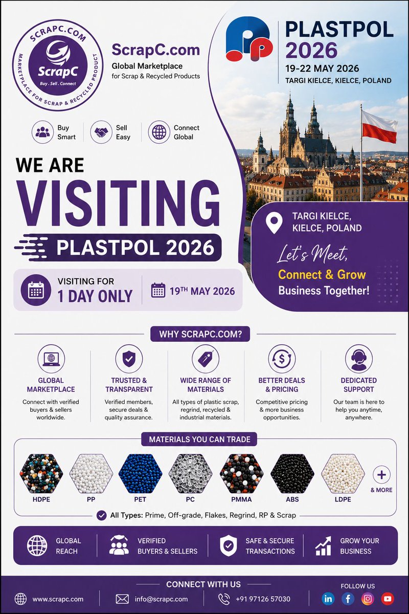 ScrapC00's tweet photo. Excited to visit PLASTPOL 2026 in Kielce, Poland for 1 day on 19th May 2026! 🇵🇱

Excited to connect with buyers, sellers &amp; recyclers from the plastics industry ♻️

https://t.co/gS9COKh7QW

#PLASTPOL2026 #PlasticRecycling #PlasticScrap #ScrapC #CircularEconomy https://t.co/cCv9Mtwq0X