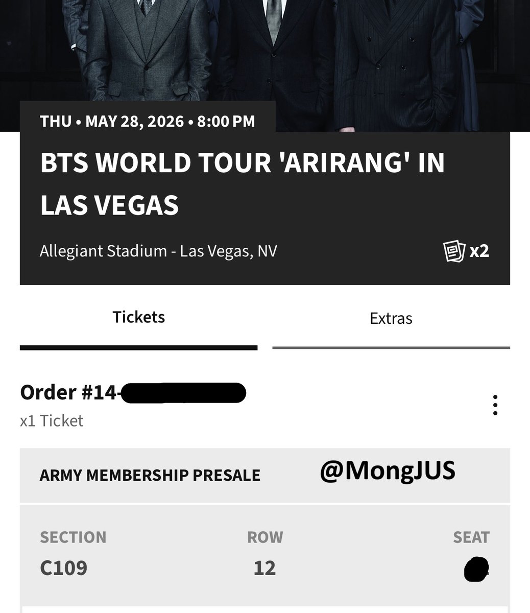 MongJUS's tweet photo. Arirang: las vegas (5/28), Baltimore (08/10) ticket 라베는 못가고, 볼티모어는 다른 표 구해서 양도하려고 합니다. 
- 05/28/26, Las Vegas D4, C109, row 12 (Ori price: $644
36): $450
- 08/10/26, Baltimore D1, section 504, row 19 (Ori price: $123.68): 원양

DM 주세요. nego 가능합니다. https://t.co/F5bGzOLHUA
