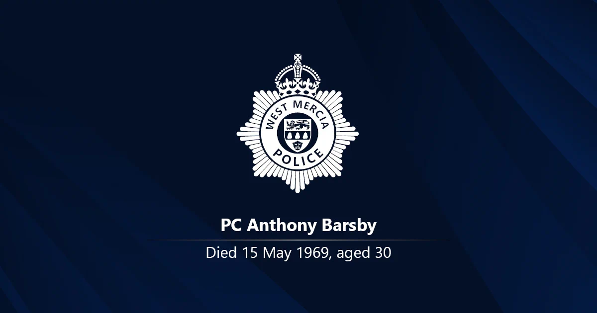 White West Mercia Police crest on a dark background with the name PC Anthony Barsby and the words: Died 15 May 1969, aged 30