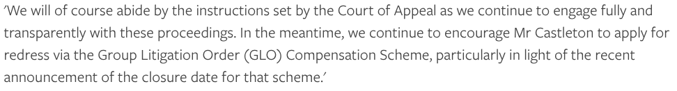 Jusmasel2015's tweet photo. Which idiot spokesperson for POL stated the following? They should be sacked. Are they suggesting that if Lee doesn't settle before the GLO scheme closes they will refuse his claim? #PostOfficeScandal #InTerrorem https://t.co/DWpJCJm1j6