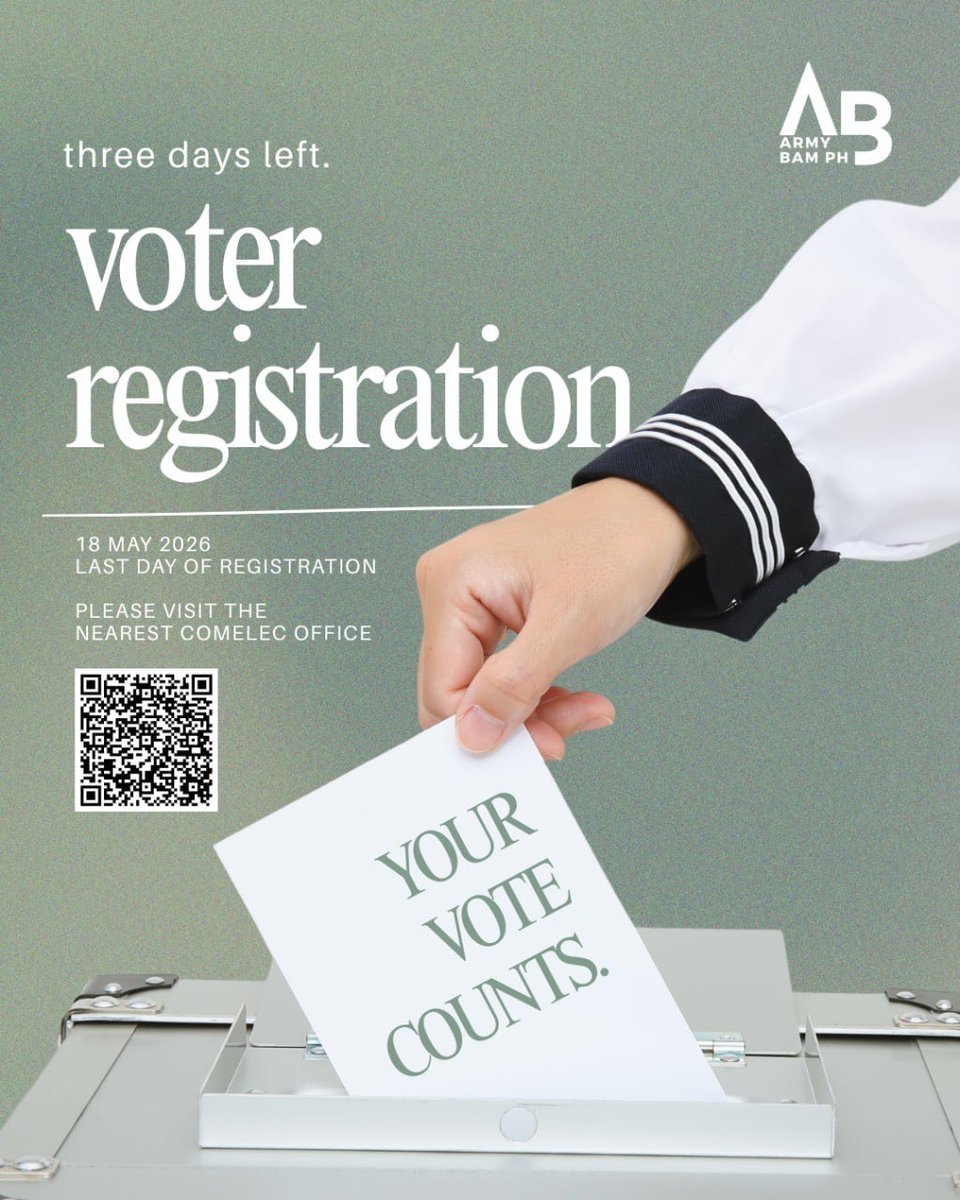 ArmyBamph's tweet photo. Magparehistro para makaboto, ano tara?☝🏻

Last day to register is on May 18,2026 🗳️

COMELEC Full list of voter requirements:
https://t.co/eJk2dwvmX5

#VoterRegistration2026 #ArmyBamPHCares https://t.co/TPqcjsnzDZ
