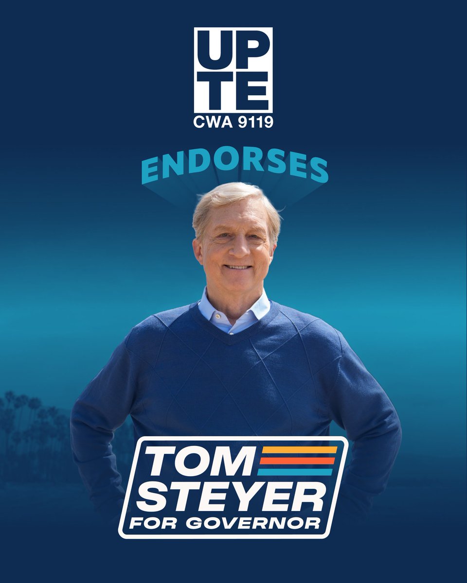 SeaChange1423's tweet photo. UPTE just endorsed @TomSteyer for governor.

That’s thousands of California researchers, healthcare workers, and technical professionals backing his campaign heading into the final stretch of the race. Important endorsement. https://t.co/5ZODUcOb4p
