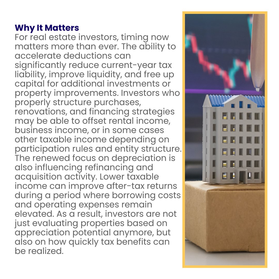 InteractiveAcc1's tweet photo. Real estate investors are moving quickly to take advantage of accelerated depreciation and deduction timing strategies as new tax rules create opportunities for larger upfront write-offs and improved cash flow.

From cost segregation studies to bonus depreciation planning, investors are focusing more than ever on how tax strategy impacts profitability, refinancing decisions, and long-term portfolio growth. Timing property improvements, acquisitions, and financing correctly could make a major difference in overall returns.

For landlords, developers, and short-term rental owners, proactive tax planning is becoming just as important as choosing the right property.

Interactive Accountants helps real estate investors navigate depreciation strategies, deduction planning, entity structure, and long-term tax efficiency.

#RealEstate #RealEstateInvesting #TaxPlanning #Depreciation #BonusDepreciation #CostSegregation #RealEstateInvestor #CommercialRealEstate #RentalProperty #ShortTermRental #Landlord #PropertyInvestment #BusinessTaxes #WealthBuilding #CashFlow #InvestmentProperty #InteractiveAccountants
