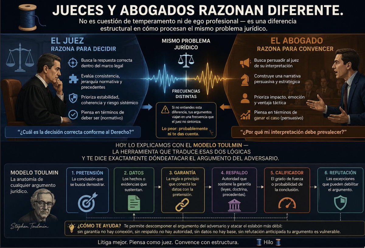 Caredesgo's tweet photo. 🧵 Jueces y abogados razonan diferente. No es cuestión de temperamento ni de ego profesional — es una diferencia estructural en cómo procesan el mismo problema jurídico.

Si como Defensor no entiendes esa diferencia, tus argumentos viajan en una frecuencia que el juez no sintoniza. Lo peor: probablemente ni te das cuenta.

Hoy lo explicamos con el modelo Toulmin — la herramienta que traduce esas dos lógicas y te dice exactamente dónde atacar el argumento del adversario.

Hilo 🧵