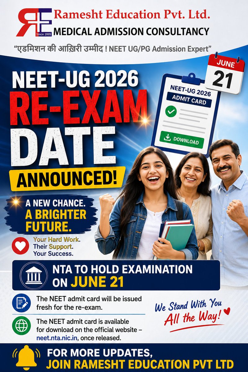 rameshtedu's tweet photo. NEET Re-Exam 2026 announced! 
@NTA_Exams #neetug
#neet2026 
📞 Call/WhatsApp: +91 9717226626 https://t.co/5DfKqJdQvd