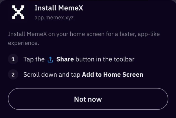 MemeX_MRC20's tweet photo. ■ For iOS Users / Safari

1. Open MemeX in Safari.

2. Tap the Share button at the bottom.

3. Select “Add to Home Screen.”

4. Open MemeX from your Home Screen icon. https://t.co/4gRLlubZBb