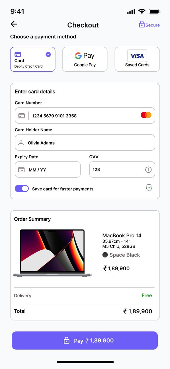 d_Sreyashree's tweet photo. Designed this credit card check out page as part of my #DailyUI challenge.... Any thing you would like to improve? 🤠

#UIDesign #UIUX #ProductDesign #WebDesign #AppDesign #DesignInspiration #UIDaily #UXDesign #Figma  #CreativeUI #InterfaceDesign #DesignCommunity #StartupDesign https://t.co/kxZFhbAPfL