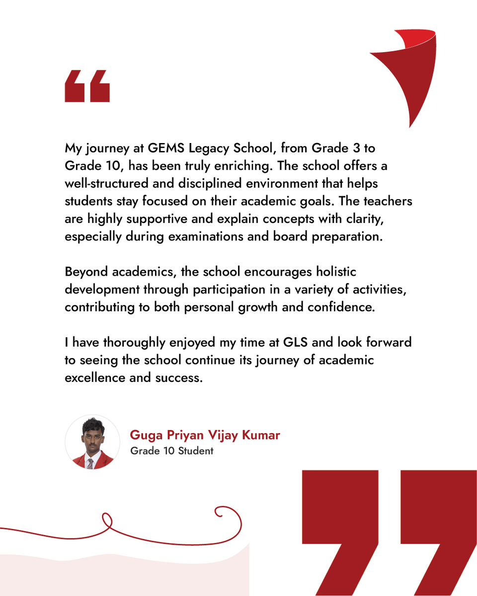 GEMSGLS's tweet photo. Guga Priyan Vijay Kumar, from GLS’s inaugural CBSE Grade 10 cohort, proved that determination &amp; support can turn challenges into achievement. Congratulations on this inspiring milestone, Guga! 🌟
#GEMSLegacySchool #GLS #CBSEBoard #StudentSuccess #ClassOf2025 #EveryChildCanThrive https://t.co/ezbx0ty6u1