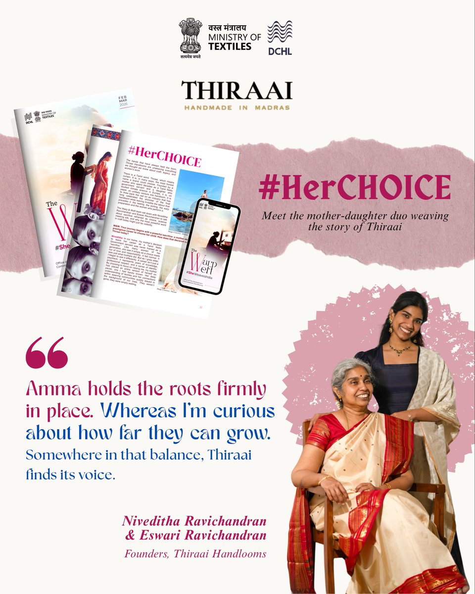 dchandlooms01's tweet photo. Meet Niveditha Ravichandran and Eswari Ravichandran, the ✨mother-daughter duo ✨ coming from entirely different generations whose perseverance and determination inspired women weavers from local clusters and communities to chase their dreams. 💪🏻🧵🌸🪡

#motherdaughter #duo https://t.co/qxxRUjuCfk