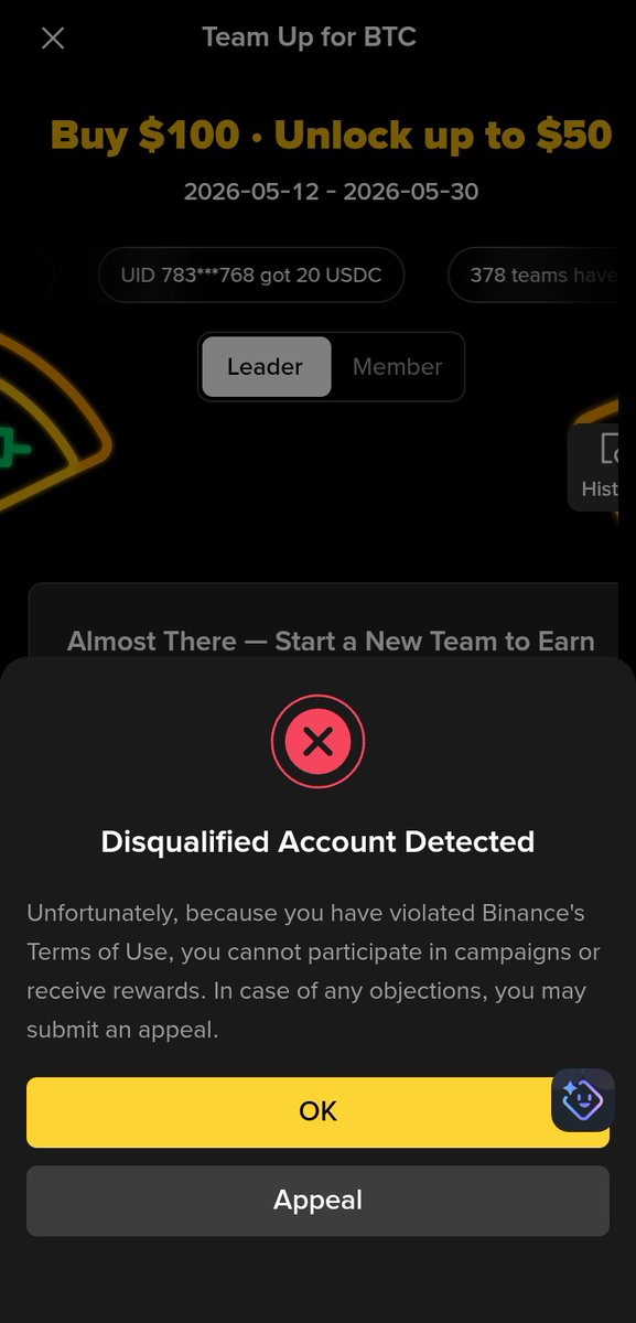 Zeebhai_YT's tweet photo. Dear Binance Team 🙏

Many genuine users are suddenly receiving the “Disqualified Account Detected” message during the Team Up for BTC campaign without any clear reason

A lot of affected users have never violated any rules and are unable to participate or receive rewards

We respectfully request the Binance team to review this issue carefully and provide a fair solution for genuine users ❤️

Please investigate whether this is a system error or false flag detection

We love using Binance and hope this issue gets resolved soon for the community 🤝

Please @binance @BinanceHelpDesk