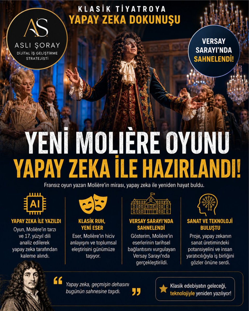 aslisoray's tweet photo. Fransız edebiyatının efsanevi ismi Molière’in tarzında geliştirilen yeni tiyatro oyunu, Sorbonne Üniversitesi araştırmacıları tarafından yapay zekâ desteğiyle hazırlandı ve Versay Sarayı’nda sahnelendi.

Kaynak: https://t.co/Pg9k2JRR5z

#AslıŞoray #YapayZeka #AI #sanat #tiyatro https://t.co/NYQTJ5Xe8O