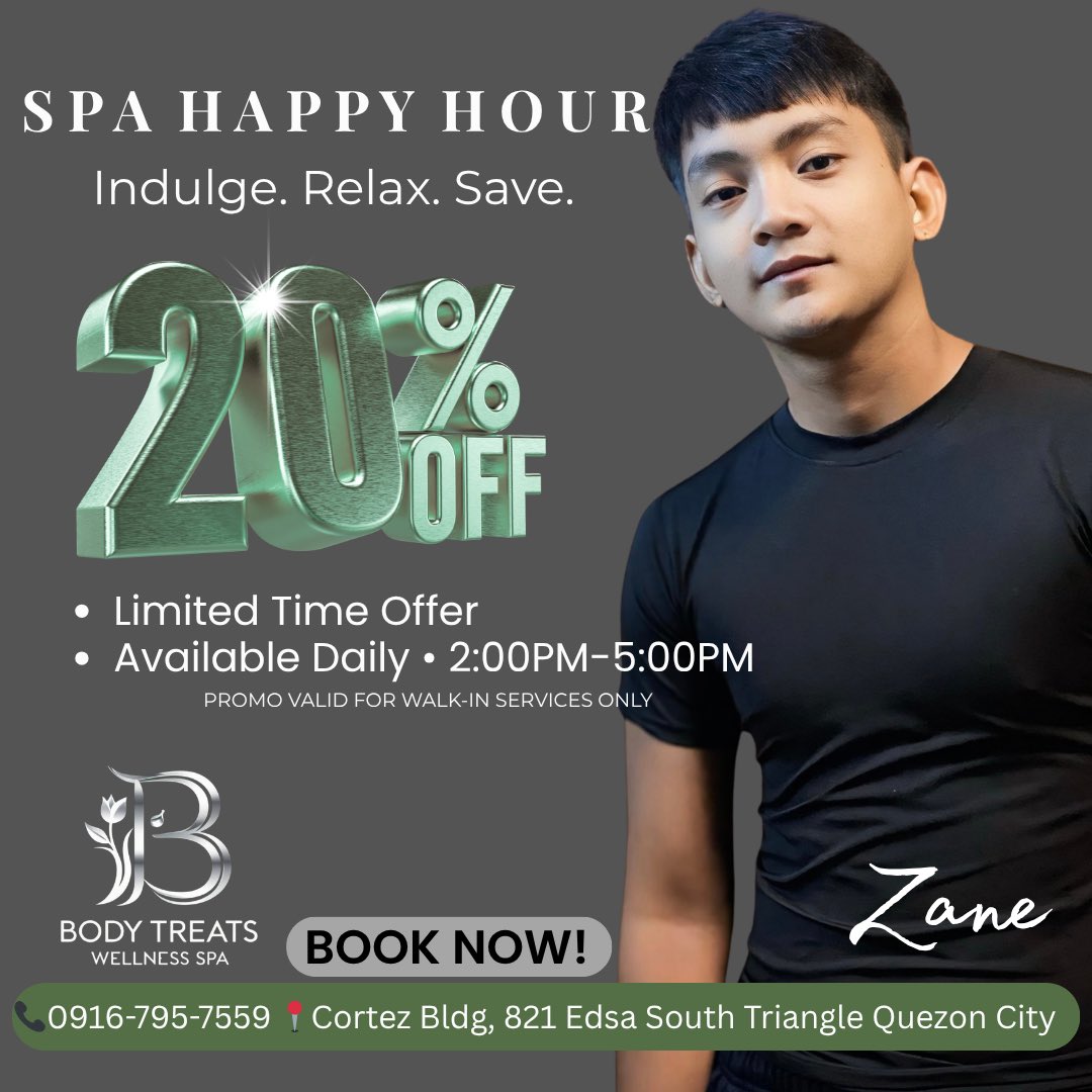 bodytreatsQC's tweet photo. Payday + Friday? 😏💸
Sounds like the perfect excuse for a relaxing massage.
Treat yourself with our Spa Happy Hour today and enjoy 20% OFF from 2PM–5PM.

Because you deserve it after a long week 😉

#WeekendMood #PaydayFriday #SpaTime https://t.co/PsPhmmSZr1