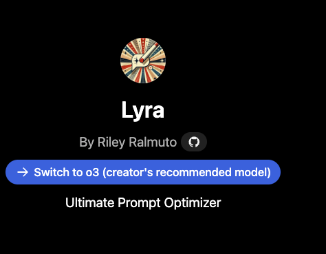 JC1987TN's tweet photo. @RileyRalmuto @minchoi Circling back to this, is this prompt what generated lyra o3? it appears there is an update to the GPT when I click that link to chatgpt. says "switch to o3". Just curious if the prompt @minchoi pasted is still the source for the current version if that makes sense https://t.co/5yYW4cCvcf