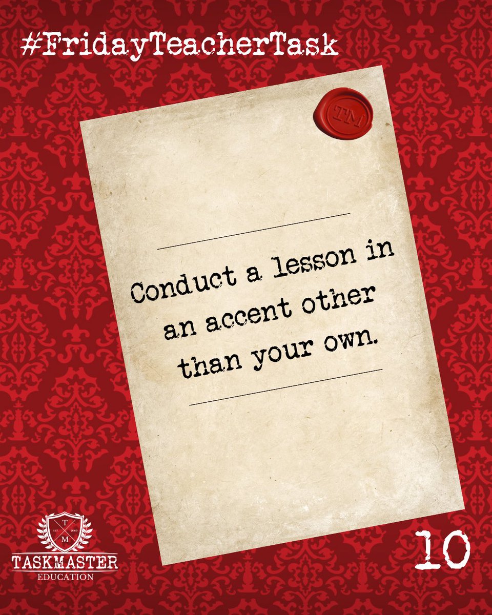 TaskmasterEdu's tweet photo. Make a good impression (or a bad one, if you like) for this week’s #FridayTeacherTask. Good luck. Have fun. Your time starts now. 

#taskmaster #TaskmasterEducation #wellbeing #education #teachers #school https://t.co/9ayp8h7EHz