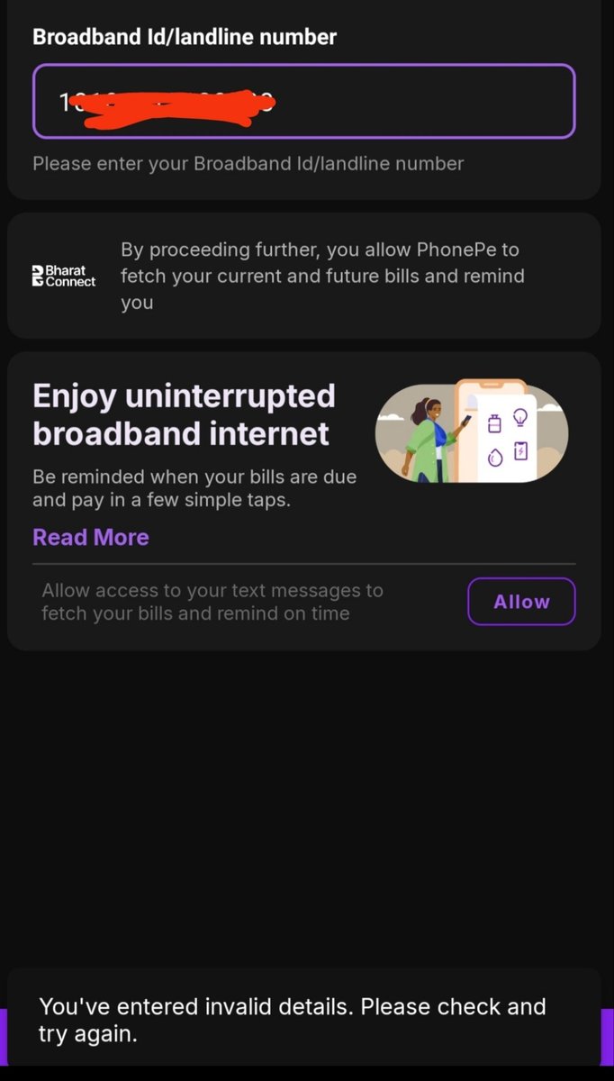 Prasanth_1310's tweet photo. @PhonePeSupport I'm trying to pay my broadband bill through @PhonePe app but even after providing correct bill details iam getting an error. This happened for the insurance bill payments as well. Please check and let me know on next steps. Facing challenges on phonepe payments. https://t.co/Q4QVPZSX1N