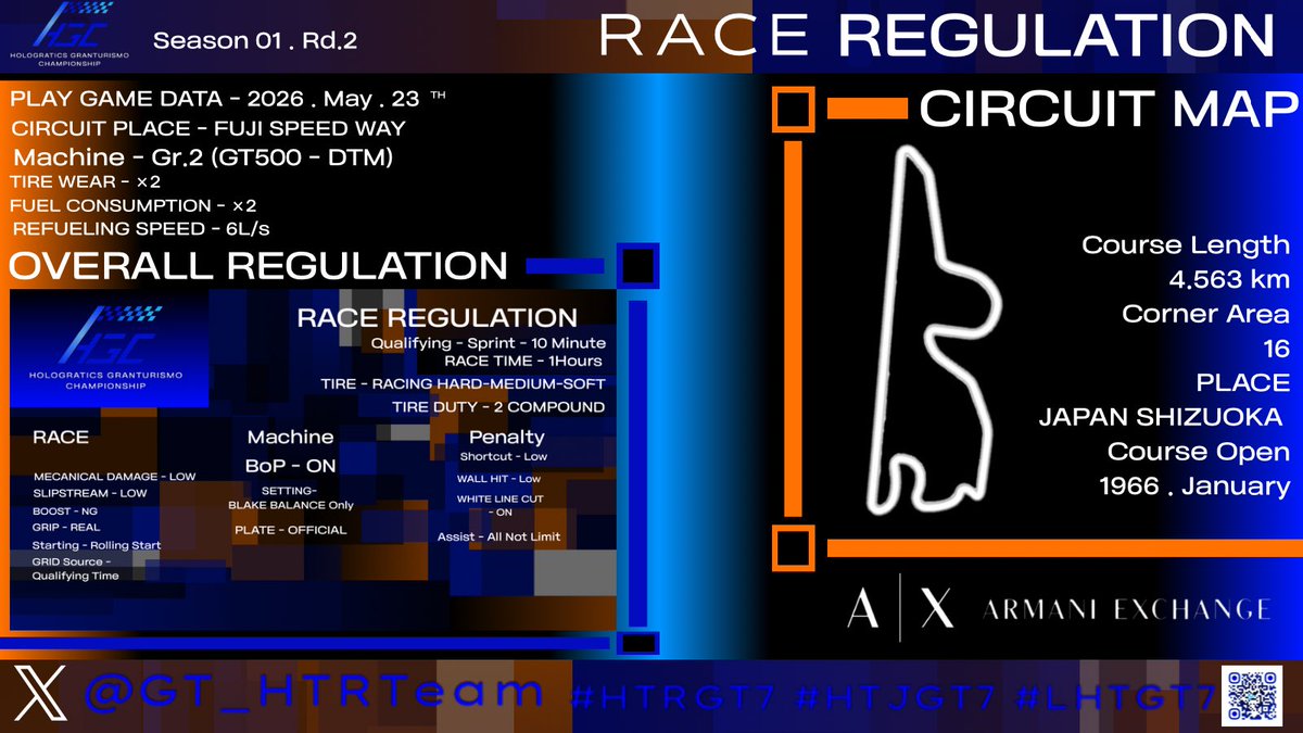 GT_HTRteam's tweet photo. [🟦⬛️🏁 #HGC_GT7 🏁⬛️🟦]

2026 . May . 23TH 21:00 (JST)

- Season 01 Rd.2 - RACE REGULATION

#GT7
#HTRGT7 #HTJGT7 #LHTGT7 https://t.co/7wwG32f2oI